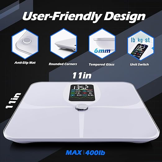 Lepulse Smart Scale for Body Weight with BMI Body Fat Muscle Mass, Weight Scale 4.68" Large Display with Trend, High Accurate 22 Body Composition Scale with Heart Rate, Bathroom Scale with App, White