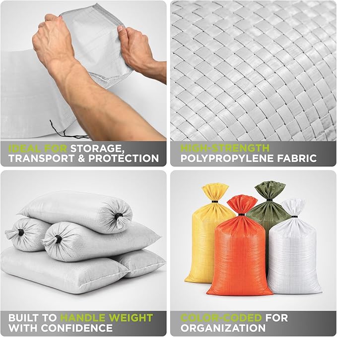 Heavy Duty Sand Bags Pack of 24, White Empty Sandbags with Built-In Ties, Woven Polypropylene UV Protection 1600 Hours, Fillable Bags for Flood Control, Weight, 18x24 inches, 60 Pounds Volume