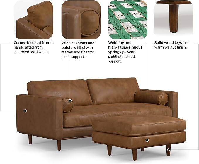 SIMPLIHOME Morrison Mid-Century Modern 89 inch Wide Sofa with Ottoman Set in Caramel Brown Genuine Leather for the Living Room and Family Room