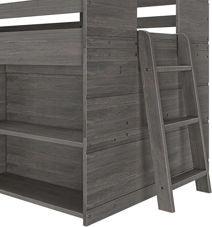 Max & Lily Modern Farmhouse Twin Low Loft Bed with Bookcase - Solid Wood, 15” Guardrails, 400-lb Capacity, Low-VOC Finish, Driftwood