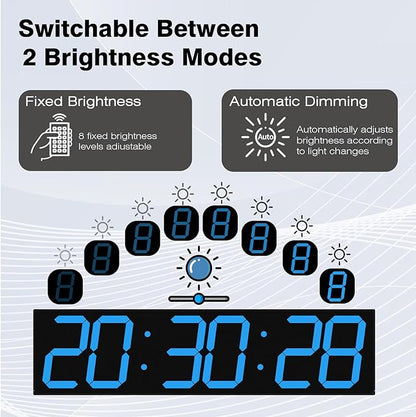 CHKOSDA Digital Wall Clock with Large Display, 28.4‘’LED 6-Digit Large Digital Clock with Adjustable Brightness, Multifunction Gym Clock with Countdown,Stopwatch and Workout Interval Timing (Blue)