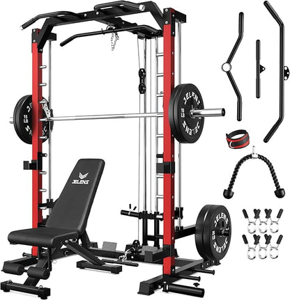 JELENS SR01 Smith Machine, 2000LBS Multi-Function Power Cage with LAT Pulldown System, All-in-One Home Gym Squat Rack with Smith Bar and Training Attachments for Full Body Workouts
