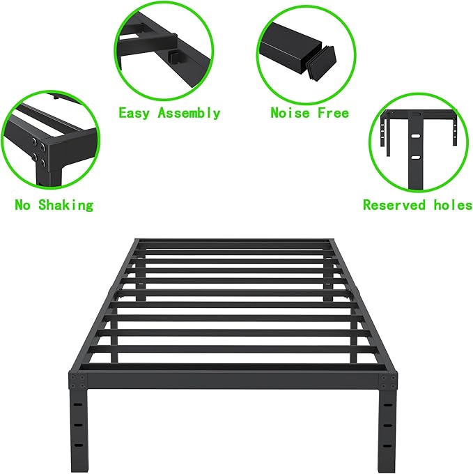 12 Inch Twin Bed Frames, Heavy Duty Metal Bed Frame Twin Size, No Box Spring Needed, Easy Assembly, Noise-Free, Black