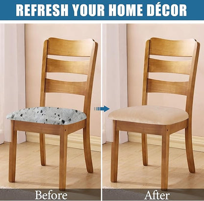 Smiry Velvet Seat Covers for Dining Room Chair Set of 2, Stretch Fit Removable Washable Chair Seat Cushion Protector Slipcovers with Ties, Beige