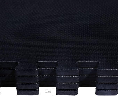 BalanceFrom Puzzle Exercise Mat 1/2' Thick, EVA Interlocking Foam Floor Tiles for Home Gym, Mat for Home Workout Equipment, Floor Padding for Kids, Black, 24 in x 24 in x 1/2 in, 24 Sq Ft - 6 Tiles