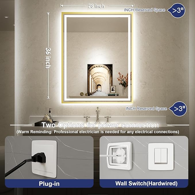 LED Bathroom Mirror, 28x36 Inch Frontlit & Backlit Gold Framed Lighted Mirror,Wall Mouted Vanity with Lights,Double Lights Strips,Anti Fog Stepless 3 Colors Temperature & Dimmable