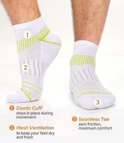 BAMBOO COOL Men's Athletic Ankle Socks Moisture Wicking, Anti-Odor Breathable Running Mesh Socks Arch Support, 8 Pack