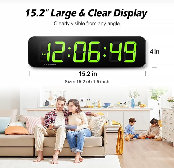 15.2" Large Digital Wall Clock with Seconds, App & Remote Control, Customizable RGB Colors, Alarms, Stopwatch, Countdown, Timer Clock for Home Gym Living Room Office Garage Decor