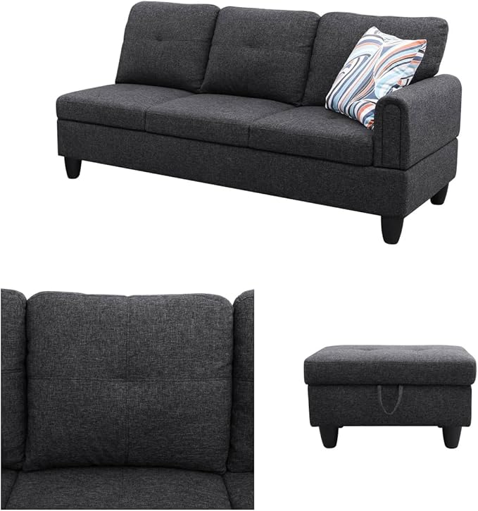 Convertible Sectional Couch, Large L Shaped Couch with Storage, Modern Modular 5-Seat Sectional Sofa with Ottomans for Living Room and Office, Black Grey