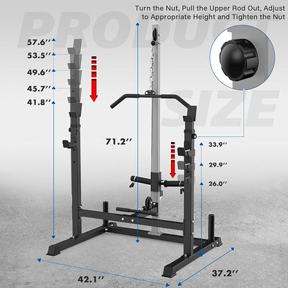Power Rack with LAT Pulldown Pulley System Adjustable Multi-Functional Squat Rack, Power Cage with J-Hooks Home Gym