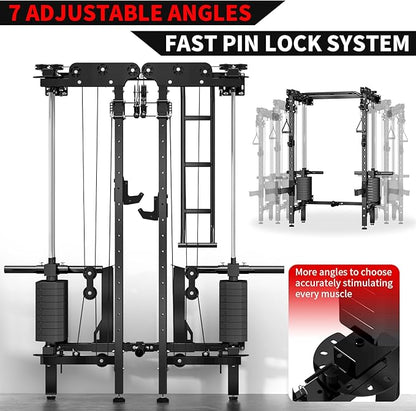 JEEKEE Folding Wall Mounted Power Rack with 180LB Weight Stack, 2400LB 2×3 Heavy Duty Squat Rack, Dual Cable Crossover System 1:1 Ratio, Functional Trainer for Home Gym Small Space,Black