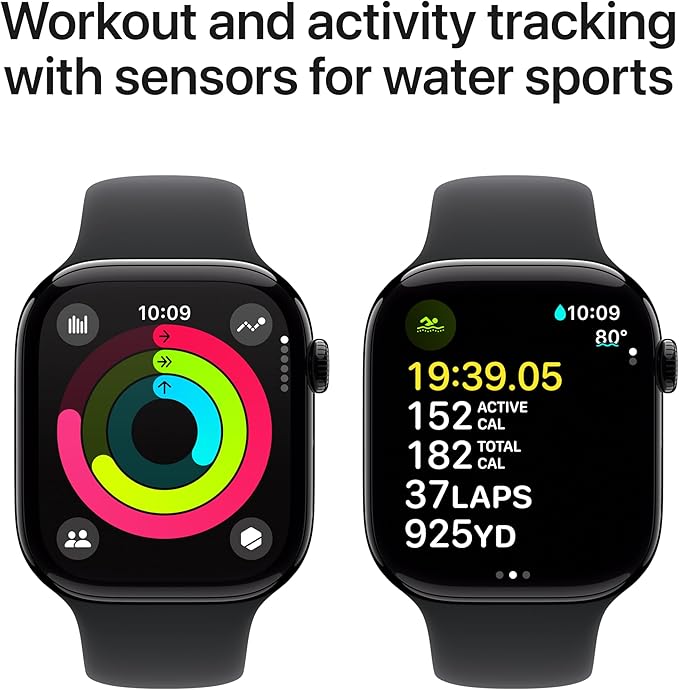 Apple Watch Series 10 [GPS + Cellular 46mm case] Smartwatch with Jet Black Aluminum Case with Black Sport Band - M/L. Fitness Tracker, ECG App, Always-On Retina Display, Water Resistant