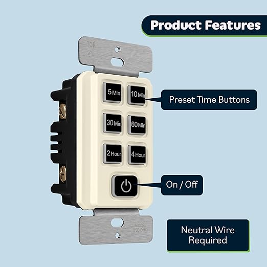 TOPGREENER 4-Hour Countdown Timer Switch, 5-10-30-60 Min 1-2-4 Hour Settings, for Fans and Lights, 120VAC 60Hz, 1/2HP, 150W LED, Neutral Wire Required, UL Listed, TGT06-4H-RT-LA, Light Almond