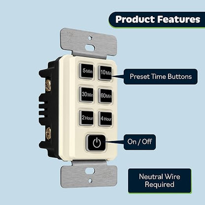 TOPGREENER 4-Hour Countdown Timer Switch, 5-10-30-60 Min 1-2-4 Hour Settings, for Fans and Lights, 120VAC 60Hz, 1/2HP, 150W LED, Neutral Wire Required, UL Listed, TGT06-4H-RT-LA, Light Almond
