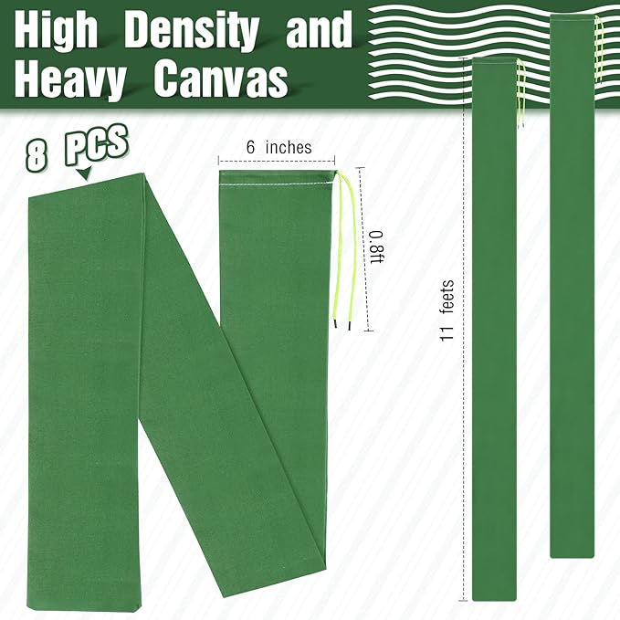 Threan 8 Pcs Long Canvas Sandbags for Flooding Sand Tube Bags Flood Protection Thickened Reusable Rain Wind Flood Barrier with Elastic Band Water Barrier Tube for Door Rain Control, Green (11ft)