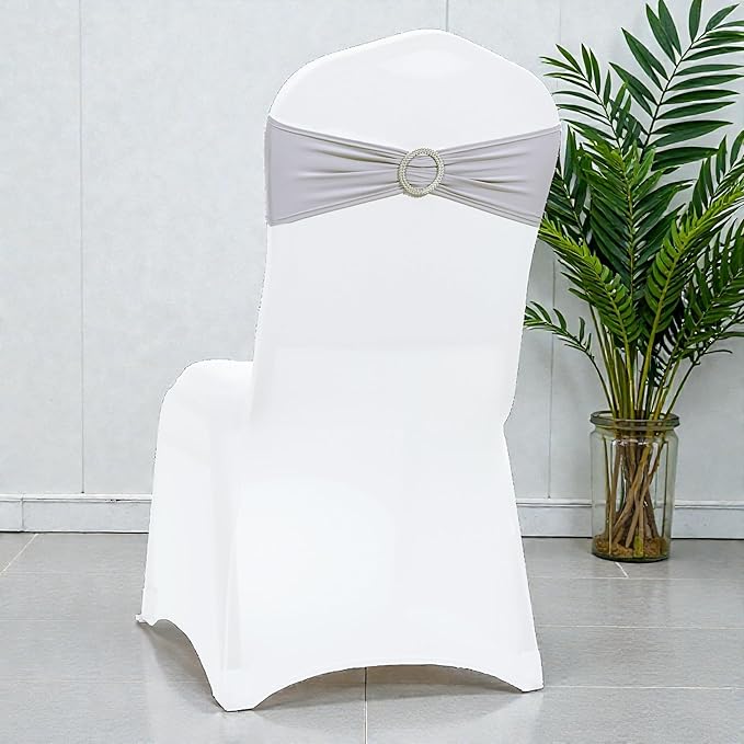 MDS Pack of 100 Spandex Chair Sashes Bow Premium Stretch Chair Cover Band with Buckle Slider Universal fits Elastic Dining Chair Ties for Wedding Party Banquet Events Decoration - Light Silver