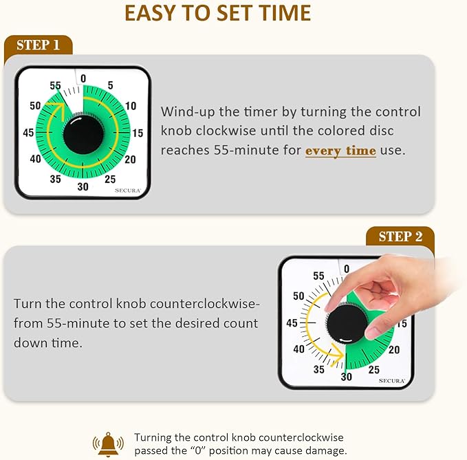 Secura 60-Minute Visual Countdown Timer, 7.5-Inch Oversize Classroom Visual Timer for Kids and Adults, Durable Mechanical Kitchen Timer Clock with Magnetic Backing (Green)