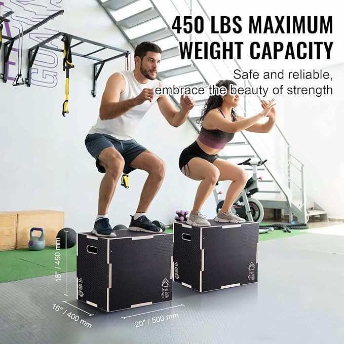 Plyometric Jump Box, 20/18/16 Inch Wooden Plyo Box - 3-in-1 Fitness Step Platform for Agility, Strength, Home Gym Training - Black