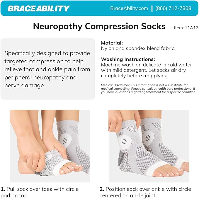 BraceAbility Neuropathy Socks (3 Pairs) - Multipack Peripheral Compression Diabetic Toeless Foot Sleeves for Nerve Damage in Feet, Ankle Gout, Plantar Fasciitis Relief for Men and Women (M - Black)