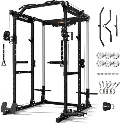Gxmmat X6 Power Cage, 2200LB Multi-Function Power Rack with Independent Dual Aluminum Pulley System, Squat Rack for Home Gym Strength Training Equipment, Heavy-Duty Steel Construction