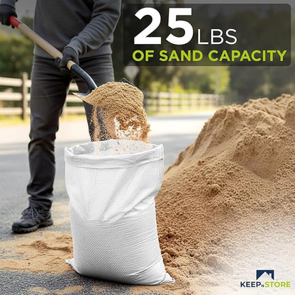 Heavy Duty Sand Bags Pack of 24, White Empty Sandbags with Built-In Ties, Woven Polypropylene UV Protection 1600 Hours, Fillable Bags for Flood Control, Weight, 12x20 inches, 25 Pounds Volume