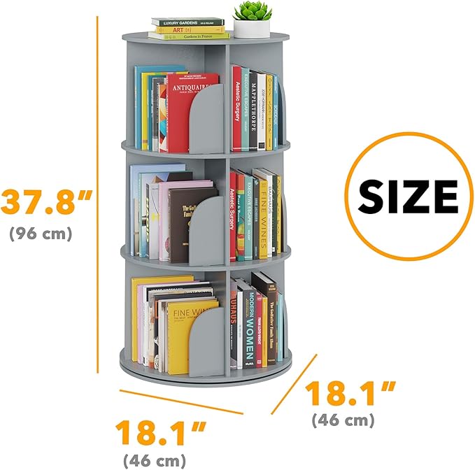 SpaceAid 3 Tier Rotating Bookshelf Tower, Spinning Bookcase Lazy Susan, Revolving 360 Book Shelf Storage Round Carousel, Vertical Rotate Turning Spiral Corner Organizer, Gray