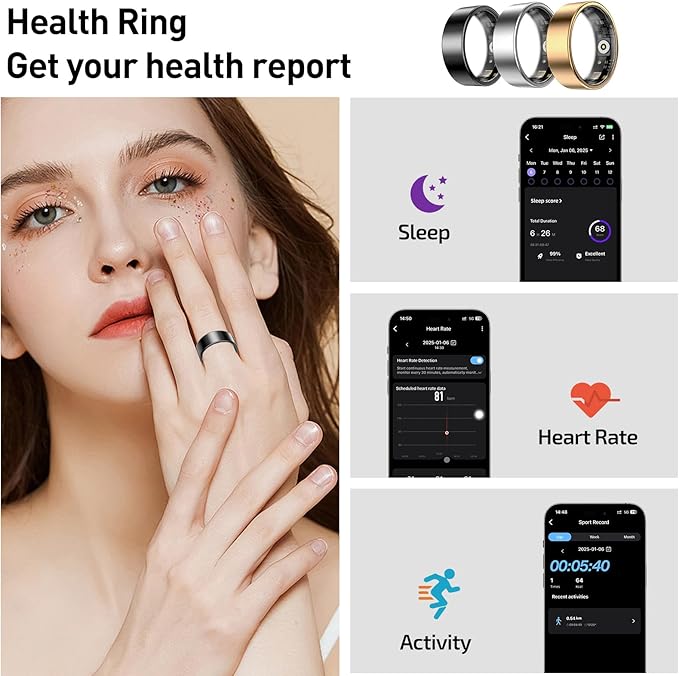 Smart Ring Health Tracker, Sleep&Exercise Monitor Heart Rate,Blood Oxygen,Fitness Trackers for Man&Women -Long Lasting Batteries,Waterproof Sleep Tracking Wearable (Rose Gold, 6)