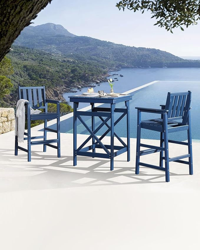 3-Piece Adirondack Chairs and Table Set, HDPE Outdoor Bar Sets, All Weather Outdoor Bar Stools Set, HDPE Adirondack Bar Height Chairs and Bar Table for Balcony, Bistro, Poolside, Navy