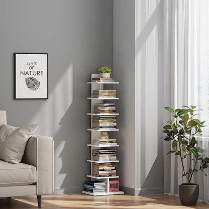 TUTOTAK Narrow Bookshelf, 8-Tier Bookcase, Spine Book Shelf for Small Space, Corner Standing Shelf for Living Room, Office, Study, Entryway, White BS06BW008