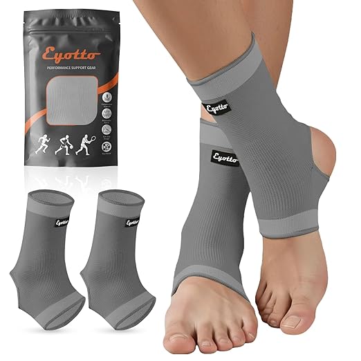eYotto Open-Heel Ankle Sleeves (1 Pair), Breathable Foot & Ankle Compression Support for Swelling, Plantar Fasciitis & Sprain Relief for Men & Women(Gray)