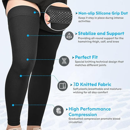 KEKING Full Leg Compression Sleeves, Unisex, Thigh High Compression Stocking 20-30mmHg Graduated Support for Thigh Calf Knee, Running, Basketball, Reduce Varicose Veins and Swelling, All Black XXL