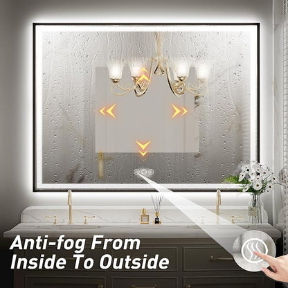 48x30 Inch LED Bathroom Mirror with Lights, Frontlit & Backlit Black Metal Frame Mirror, Wall Mounted Lighted Vanity Mirrors, Double Lights Strips,Anti Fog Dimmable & 3 Colors Temperature