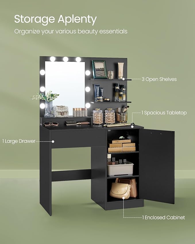 VASAGLE Vanity Desk with Mirror and Lights, 35.4-Inch Wide Makeup Vanity with Upholstered Vanity Stool, Power Outlets, Dimmable LED Lights, Storage Drawer, for Bedroom, Ink Black URDT128B01