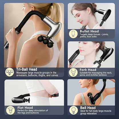 Massage Gun with Upgraded Extension Handle, Massage Gun Deep Tissue - Back Massager for Relief Deep Tissue, Muscles/Neck/Shoulders/Waist/Legs Massager,5 Replaceable Heads&9 Speed Levels (Space Silver)