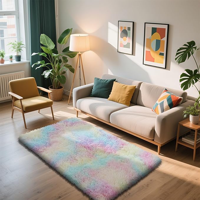 Shag Area Rug for Bedroom 3x5,Fluffy Area Rugs for Living Room,Soft Fuzzy Rug Non-Shedding Indoor Plush Carpet for Kids Bedroom Nursery Dorm Home Decor,Rainbow Purple