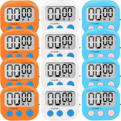 12 Pack Small Digital Kitchen Timer Magnetic Back and ON/Off Switch,Minute Second Count Up Countdown（White,Blue,Orange