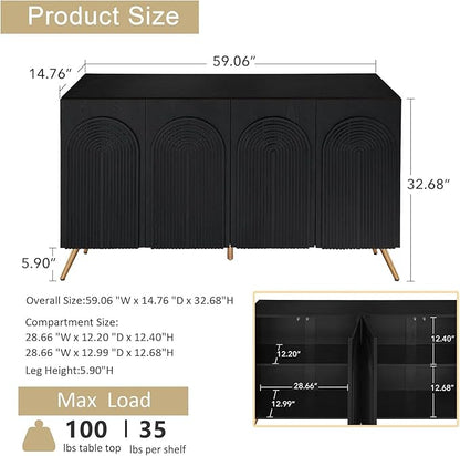 Sideboard Buffet Cabinet with Adjustable Shelves, Modern Storage Cabinet with Arched 3D Carved Wood Doors, Credenza Accent Cabinet for Living Room, Dining Room, Entryway (59" Arched Black, 1)