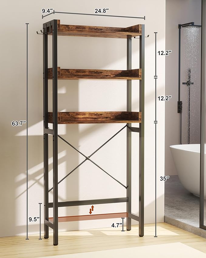 Ecoprsio Over-The-Toilet Storage Rack, 3-Tier Bathroom Organizer Shelf Over Toilet, Freestanding Space Saver Toilet Stands with 4 Hooks, Rustic Brown