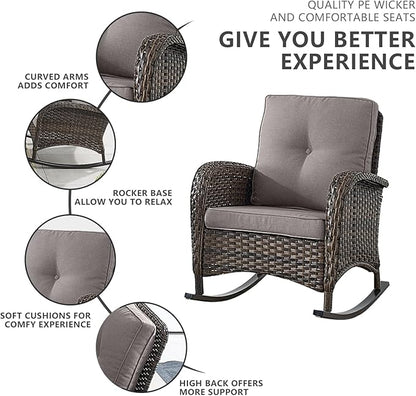 HUMMUH 5-Piece Outdoor Patio Furniture PE Wicker Patio Conversation Set,All-Weather Outdoor Rocking Chairs with Patio Couch Tables for Backyard,Poolside,Deck