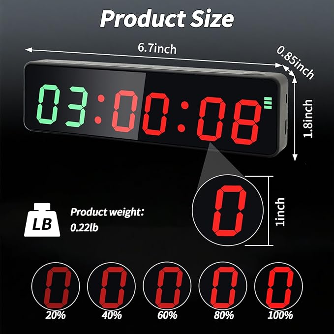 Portable Gym Timer Clock with Powerful Battery, Workout Timer for Home Gym with Brightness Adjustable for Countdown/Up/Stopwatch/HIIT, Digital Gym Stopwatch for Gym/Garage/Boxing/Fitness