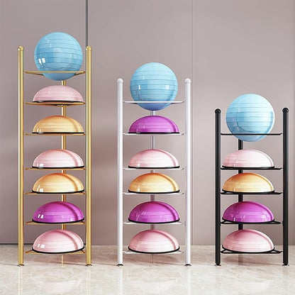 Exercise Half Balance Ball Storage Rack - Home Gym Workout Equipment 3/5/6/7 Tier Floor Stand Storage Organizer for Bosu Slam Bowling Medicine Balls(Gold,5 Layer - 51jin)