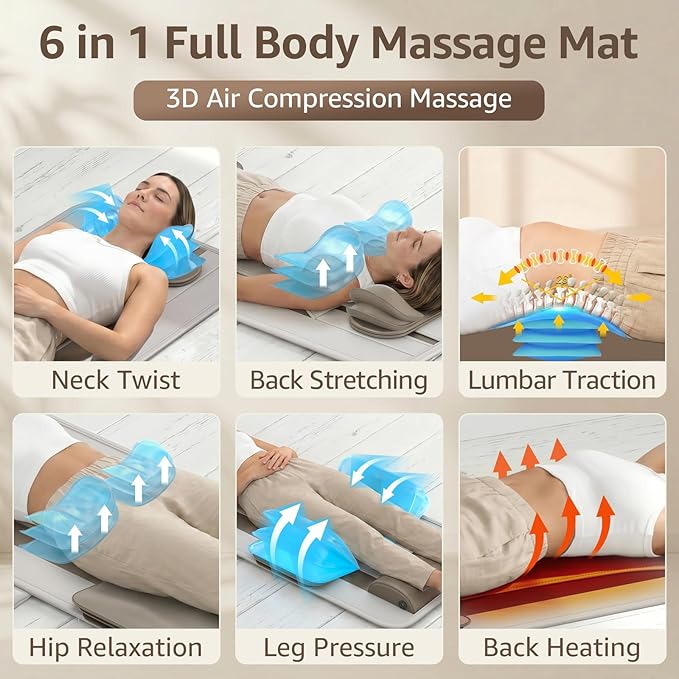 YENING Full Body Massage Mat with Airbags, Air Compression Stretching Mat with Heat for Bed Floor, Neck Lumbar Traction Pad for Pain Relief, Foldable Massage Mattress Topper, 5'1"-6'0"