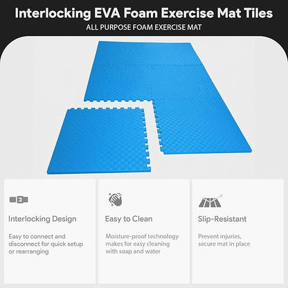 BalanceFrom Puzzle Exercise Mat 1' Thick, EVA Interlocking Foam Floor Tiles for Home Gym, Mat for Home Workout Equipment, Floor Padding for Kids, Blue, 24 in x 24 in x 1 in, 72 Sq Ft - 18 Tiles