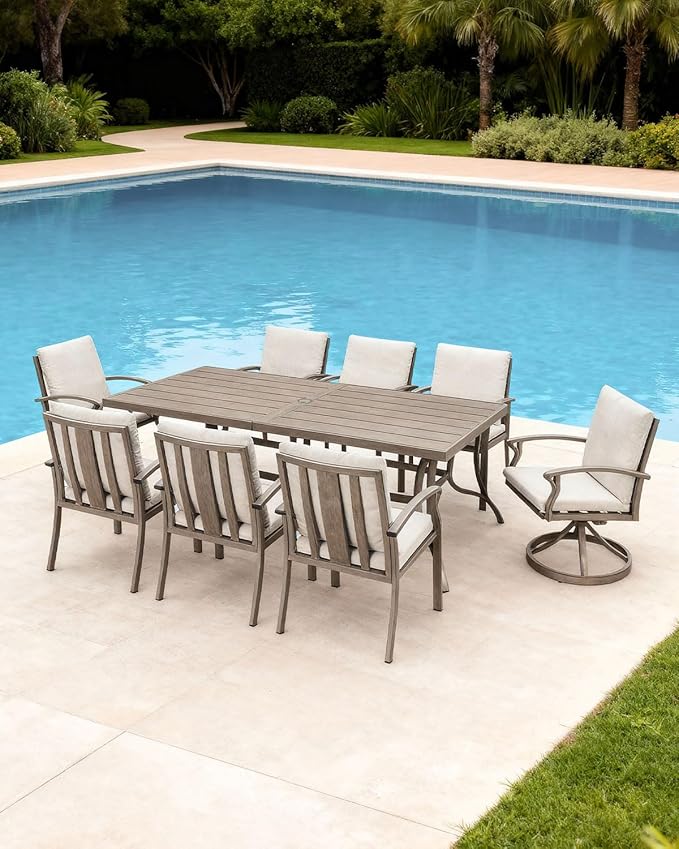 9-Piece Patio Dining Set, Aluminum Outdoor Dining Set for 8, Patio Furniture Sets with Umbrella Hole, 6 Dining Chairs, 2 Swivel Dining Chairs for Decks, Garden, Backyard, Lawn, Limed Oak
