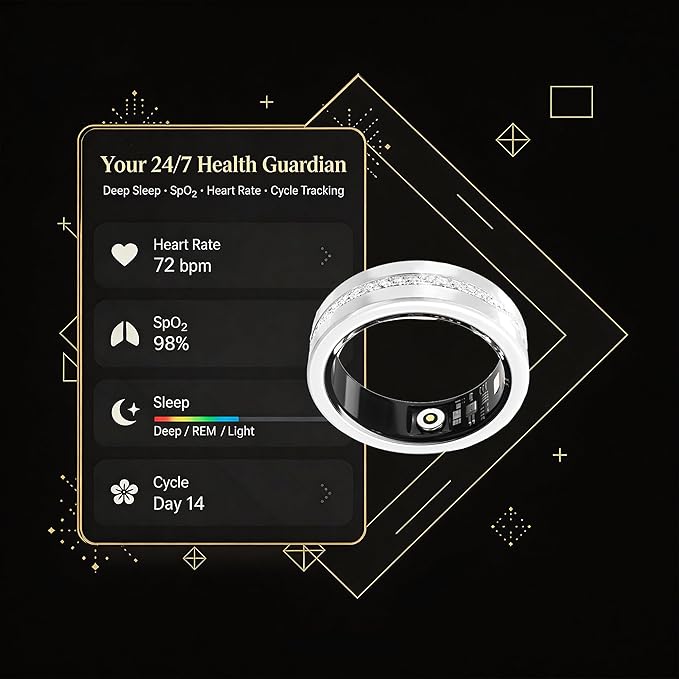 Diamond Smart Ring for Women, Fitness & Vital Signs Monitoring, Sleep Tracker, Remote Photography, No Subscription, Ladies Gift, iOS & Android(Silver,7#)