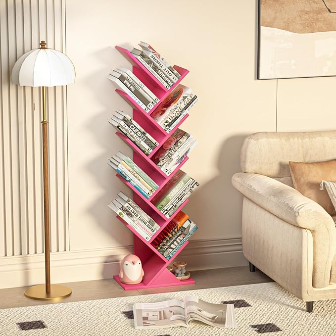10 Tier Tree Book Shelf, Floor Standing Wood Bookshelf for Narrow Space, Storage Organizer Bookshelves for Books/CDs/Magazine, Bookcase with Shelves for Home Office, Living Room - Pink