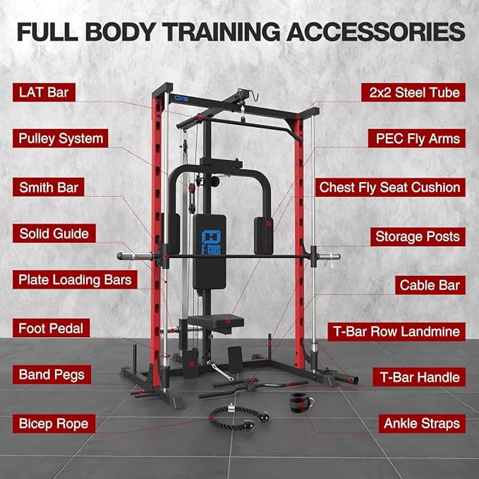 FAGUS Smith Machine Home Gym Power Cage with Pulley System, Space Saving Design Squat Rack with Full Body Strength Training Attachments, PEC Station & Fixed Cable Crossover Optional