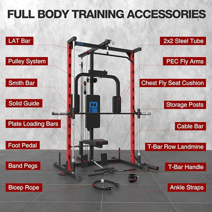 FAGUS Smith Machine Home Gym Power Cage with Pulley System, Space Saving Design Squat Rack with Full Body Strength Training Attachments, PEC Station & Fixed Cable Crossover Optional