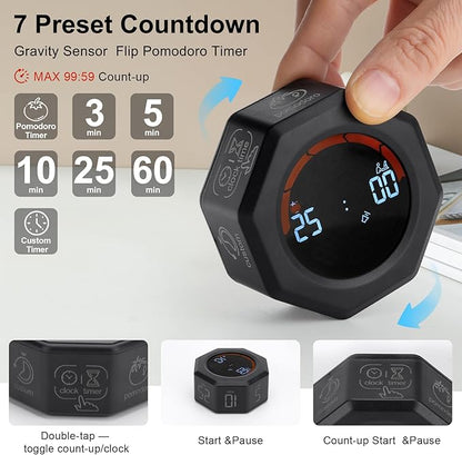 Small Productivity Timer - Pomodoro Timer with 3/5/10/25/60 Min Presets & Custom Countdown | Magnetic Rechargeable Digital Clock for Desk, Study and Games (Black)