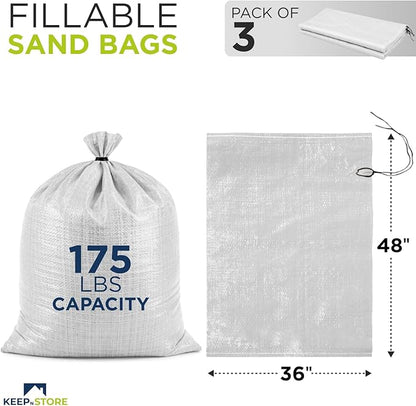 Heavy Duty Sand Bags Pack of 3, White Empty Sandbags with Built-In Ties, Woven Polypropylene UV Protection 1600 Hours, Fillable Bags for Flood Control, Weight, 36x48 inches, 175 Pounds Volume